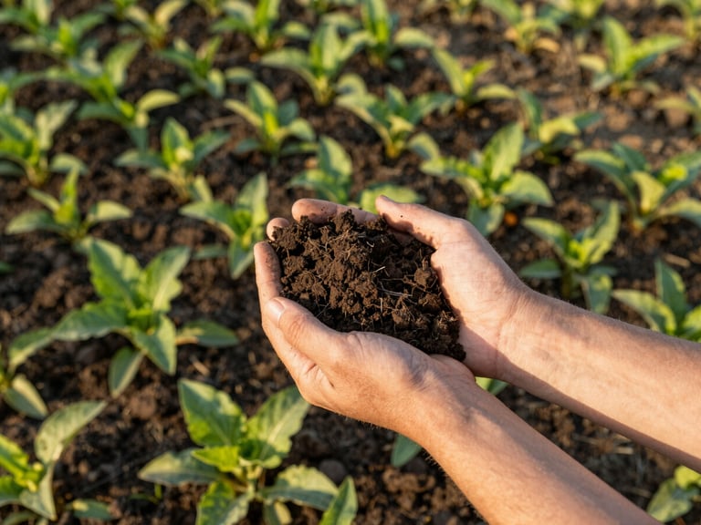 Close-up of rich dark soil held in hands over a healthy crop field, sunlight filtering through leaves, emphasizing soil health and agricultural precision.