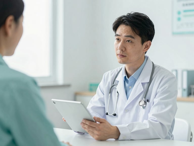 Medium shot of a professional doctor in a clean white coat discussing digital records on a tablet with a patient, soft natural daylight, clinical teal and white tones, sharp focus.