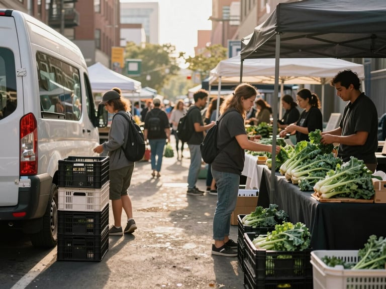 Wide shot of an active urban farmers market floor mid-morning — vendors unloading crates from a van to the left, a stallholder arranging bunched kale under a canvas awning, shoppers browsing in the background, golden morning light raking across the stalls