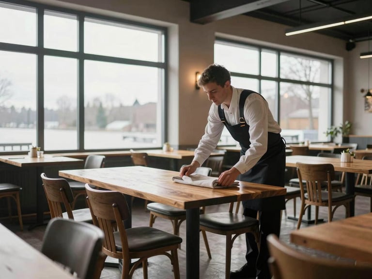 Wide environmental shot of a Scandinavian-style restaurant interior during morning setup — chairs being placed, natural light pouring through tall windows, a single server arranging linen on a bare wood table, no customers