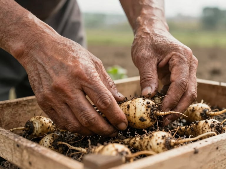 Extreme close-up of a farmer's hands sorting muddy root vegetables on a wooden crate at first light, fingers calloused, soil visible in every crease, shallow depth of field, natural overcast daylight