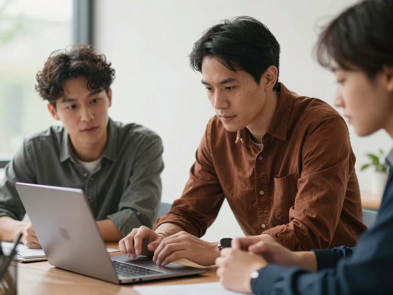 A mentor and mentee engaged in a professional development workshop, focused on a laptop, collaborative and supportive atmosphere, soft natural daylight, rich organic tones, authentic human interaction, medium depth of field, 35mm lens