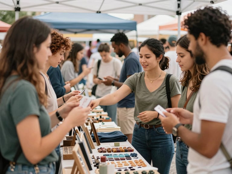 A small business owner proudly displaying handmade goods at a local market, diverse community, vibrant and hopeful, soft natural daylight, rich organic tones, authentic human interaction, medium depth of field, 35mm lens