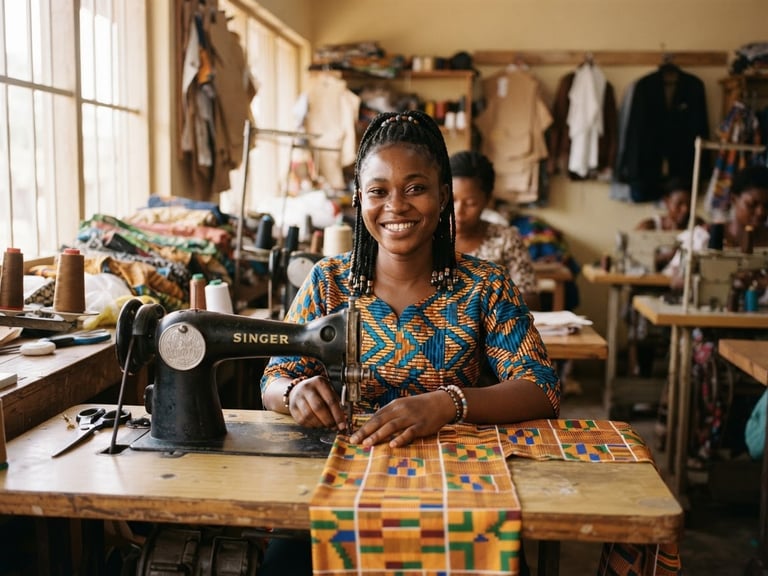 A medium-close environmental portrait of a young woman in Ghana engaged in a professional tailoring workshop, smiling confidently as she works, warm natural morning light, rich organic tones, 35mm lens.