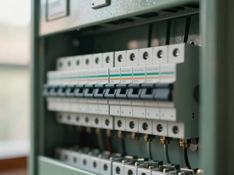 Close-up of a neatly installed, modern electrical panel with clearly labeled breakers, soft natural indoor daylight.