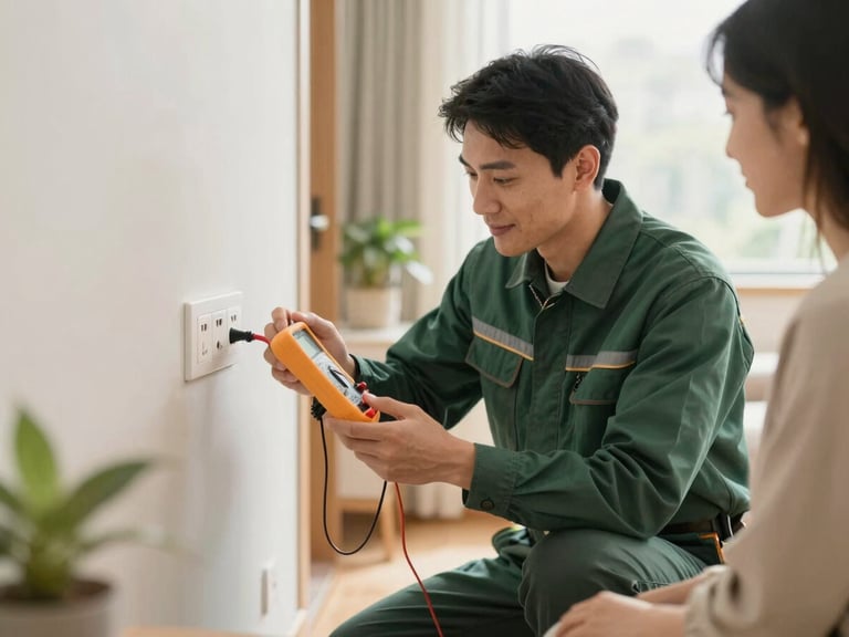 Friendly electrician in clean uniform using a multimeter to check an electrical outlet, interacting with a homeowner in a well-lit living room, soft daylight.