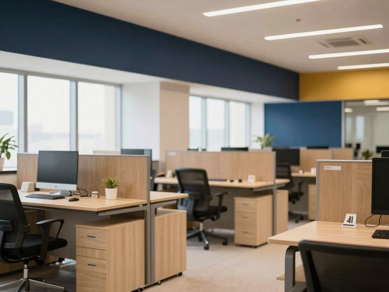Modern, well-lit office space in Bengaluru, showcasing a clean, structured environment, professional editorial photography, deep navy and warm gold tones, bright natural office light, shallow depth of field