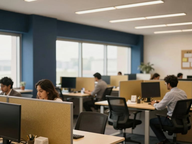 Modern, well-lit office space in Gurugram, showing a collaborative work area, professional editorial photography, deep navy and warm gold tones, bright natural office light, shallow depth of field