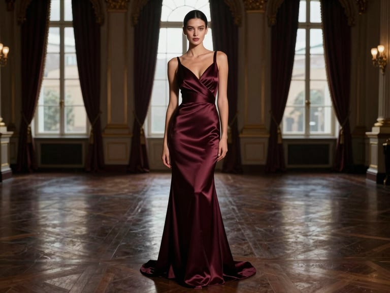 A model in a luxurious satin evening dress, full-body shot, standing in a grand ballroom with soft, dramatic lighting, high-contrast, rich deep tones.