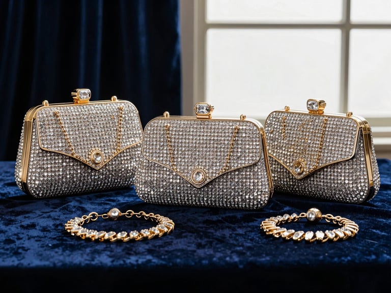 An elegant display of crystal clutch bags and statement jewelry on a velvet surface, studio lighting, macro detail, rich deep tones, gold accents.