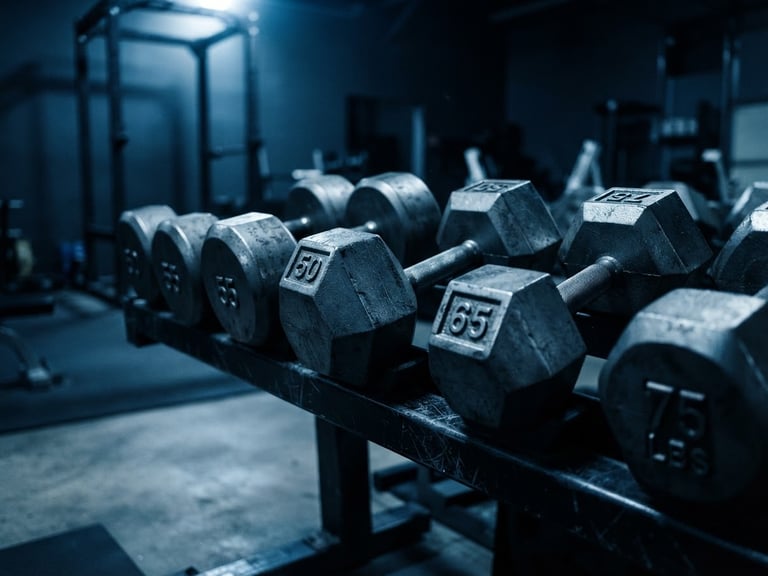 Dramatic athletic photography of heavy steel dumbbells on a dark rack, high-contrast cool lighting, deep blue tones, sharp details, 35mm lens