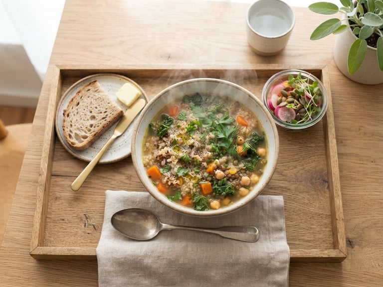 Top-down flat lay of a neatly arranged wooden lunch tray with a steaming bowl of broth, fresh grains, and colorful herbs under bright morning light