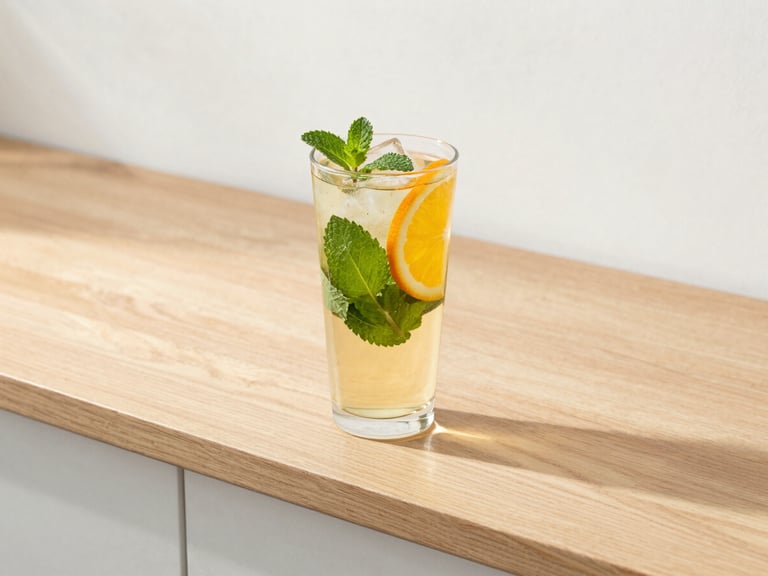 Tall glass of iced herbal tea with fresh mint leaves and citrus slices on a sunlit wooden counter, soft shadows