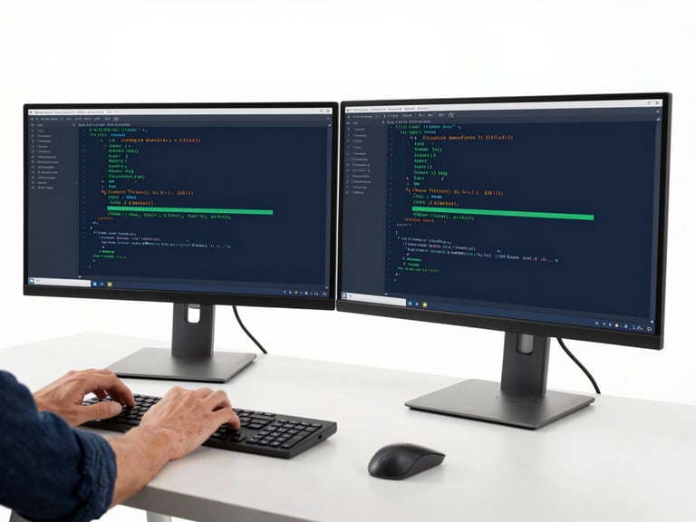 Clean minimalist workspace with a developer collaborating over code on dual monitors, hands on keyboard visible, bright studio lighting, 35mm