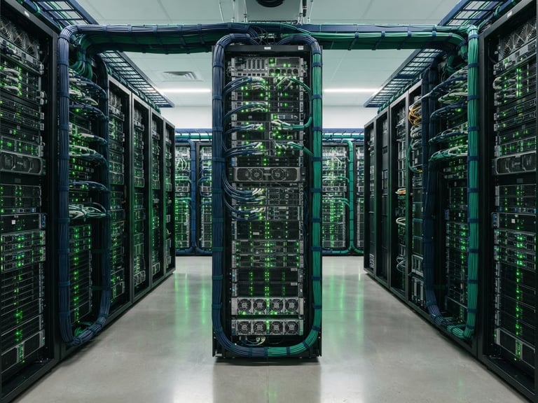 Crisp corporate tech photography of high-end server racks with soft green LED indicators, clean minimalist workspace, bright studio lighting, 35mm