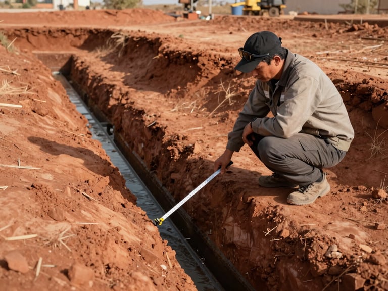 Wide environmental shot of a water systems specialist crouching beside an exposed greywater filtration trench in arid red-soil terrain, measuring tape extended, afternoon sun casting hard shadows across the excavation