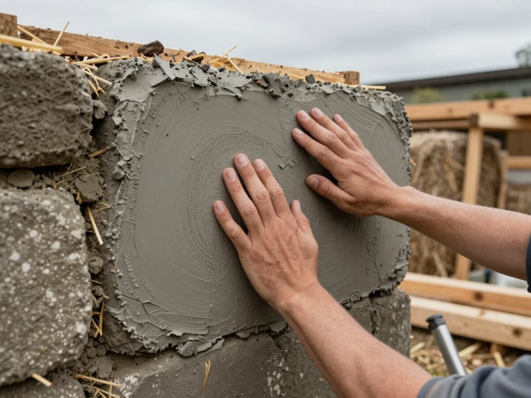 Close environmental portrait of a natural builder examining a freshly plastered cob wall section outdoors, hands pressed into the surface checking texture, overcast natural daylight, lumber and straw bales visible in the background
