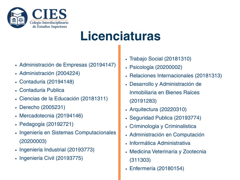 Licenciaturas que se imparten en el CIES