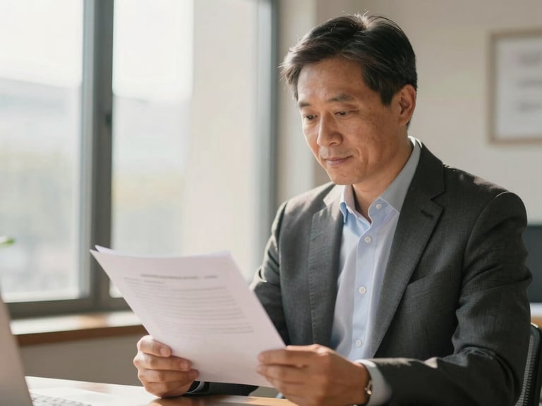 Mature professional in a warm editorial office holding an official document, soft window light, shallow depth of field