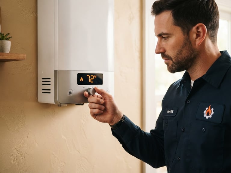 Close-up of a professional technician in a clean uniform adjusting the digital temperature display of a modern wall-mounted gas heater, warm lighting, sharp focus