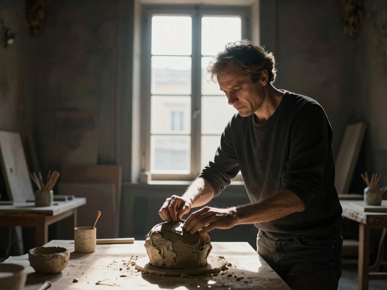Cinematic portrait of a designer in a dark, high-ceilinged Roman palazzo studio, dramatic natural light from a high window illuminating hands touching a raw clay sculpture, surrounding deep shadows.