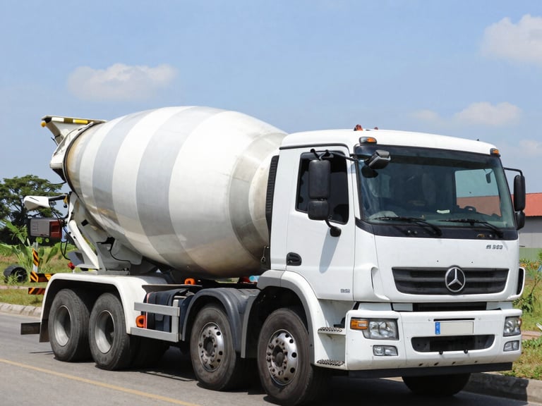 Low-angle heroic shot of a concrete mixer truck discharging ready-mix concrete on a bright Alagoas construction site, high contrast, gritty texture, 35mm lens