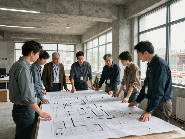 Wide shot inside a site office, engineering team gathered around a large project plan spread across a table, natural window light from the right, construction site visible through the glass behind them, concrete walls and industrial fixtures visible, documentary framing at mid distance