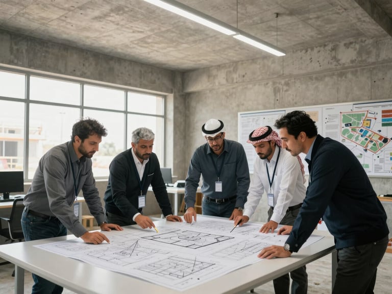 Wide shot of a Saudi construction site office interior, engineering team reviewing project drawings on a large table under fluorescent and daylight, concrete walls and site maps visible in background, neutral daylight through industrial windows, no posed portraits