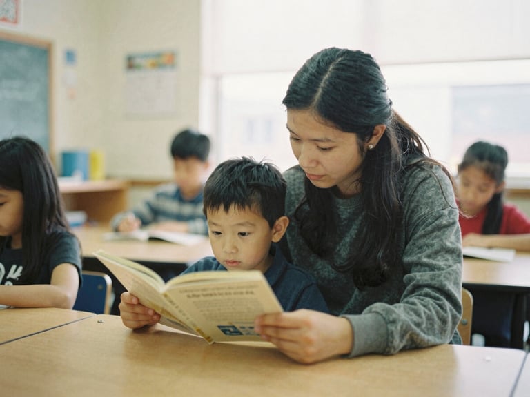 Candid shot of a child reading with a volunteer in a bright classroom, soft natural light, focus on interaction, Washington neighborhood context.