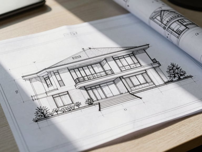 Technical architectural drawing of a modern villa elevation on a clean desk, natural side light, sharp lines, highly detailed blueprints.