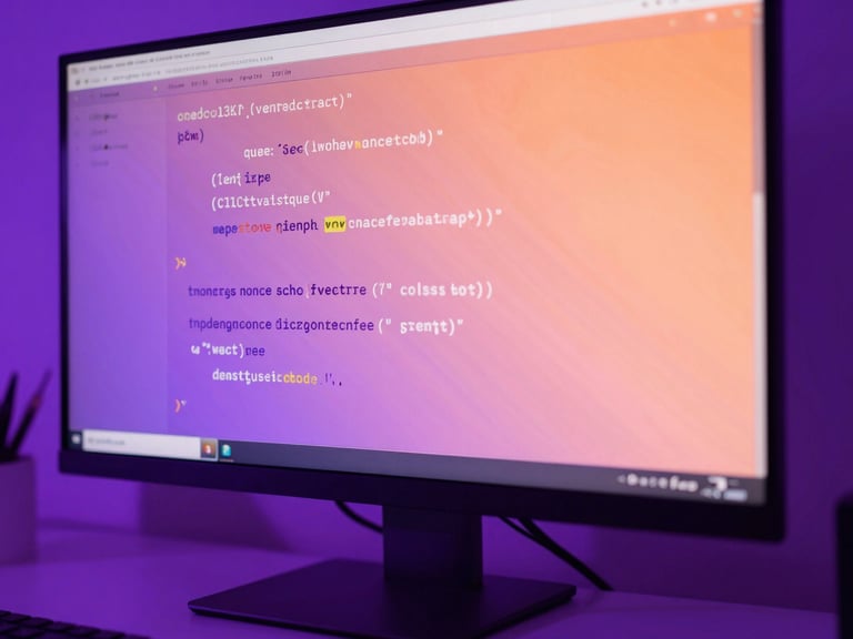 A close-up of clean code on a monitor with vibrant purple and orange neon reflections, modern workspace, sharp focus, 35mm lens.