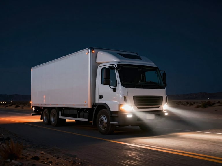 Sleek low-angle tracking shot of a modern white box truck driving on a dark desert highway at night, bright headlights cutting through the darkness, deep navy background with warm orange trail reflections, cinematic lighting, 35mm lens.