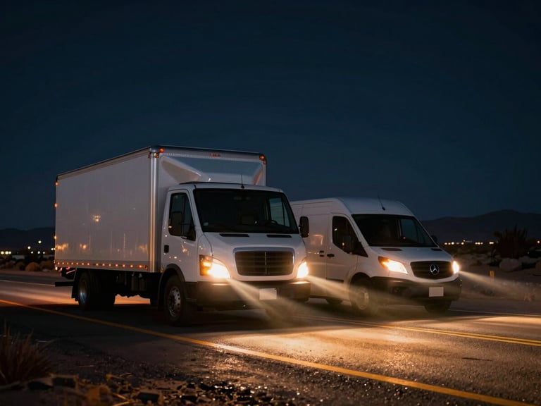 Cinematic night photography of a modern box truck and a cargo van driving side-by-side on a dark Phoenix highway, headlights cutting through the desert night, dramatic golden reflections, 35mm lens
