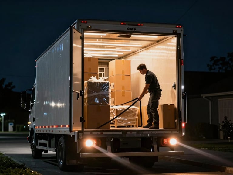 Cinematic night shot of a clean box truck with its cargo door open, warm interior light illuminating neatly stacked moving boxes and wrapped furniture, professional crew member preparing a strap, 35mm lens.