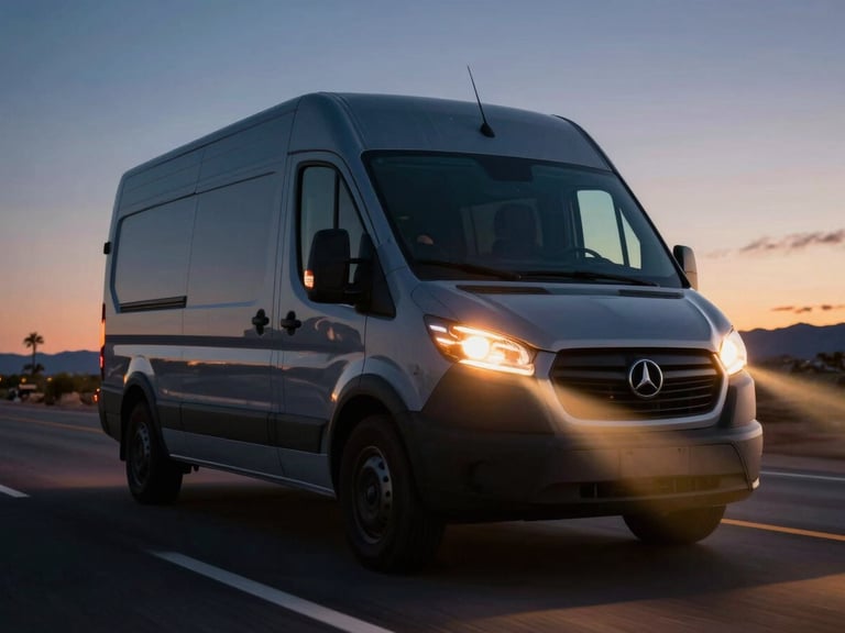 Low-angle tracking shot of a modern cargo van driving on a dark Arizona highway at golden hour, headlights cutting forward, cinematic night photography