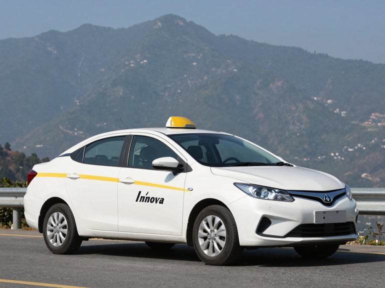 Crisp three-quarter shot of a clean, modern white Innova Crysta taxi, parked on a smooth highway overlooking the Uttarakhand mountains, bright clear daylight, high-contrast yellow and charcoal tones, sharp focus, 35mm lens.