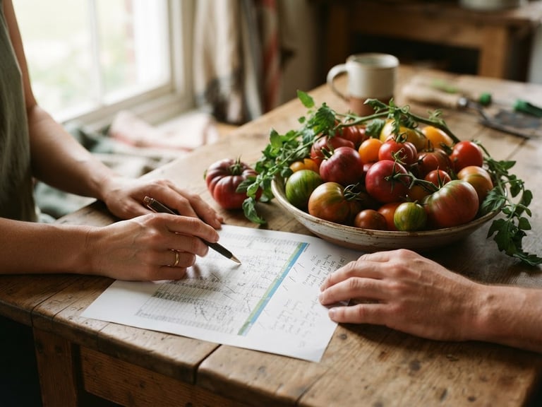 Warm editorial photography of hands analyzing a spreadsheet next to freshly harvested heirloom tomatoes on a wooden table, soft natural window light, 35mm