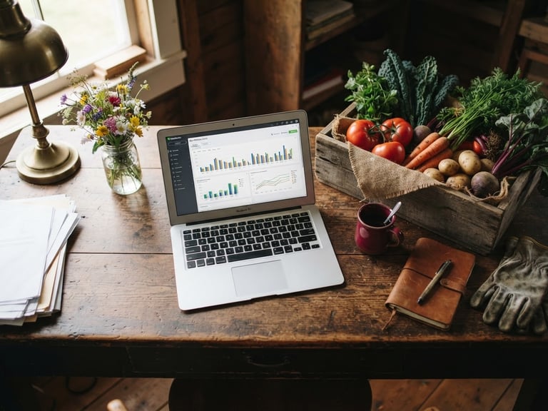 Warm editorial photography of an overhead shot of a farm office desk with a laptop displaying QuickBooks charts next to a rustic crate of vegetables, soft natural window light, 35mm