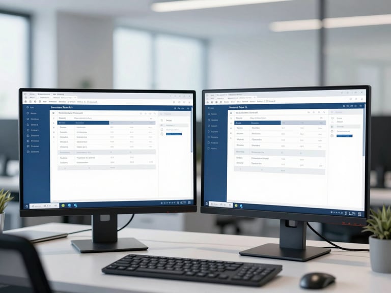 A bright modern corporate office with dual monitors displaying clean software interfaces, soft daylight, professional blue tones, shallow depth of field.