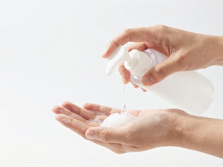 Bright high-key product photography of a handwash bottle and a clean hand demonstrating hygiene, white clinical studio background, sharp focus.