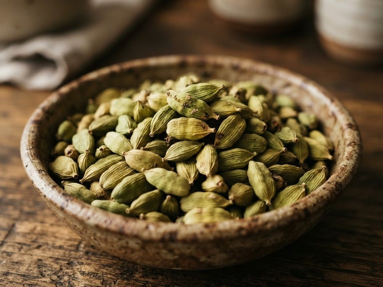 Macro editorial photograph of high-grade green cardamom pods in a rustic clay bowl, warm natural daylight, rich organic textures, shallow depth of field, 35mm