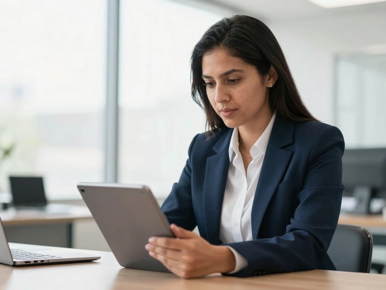 Professional Hispanic business owner and insurance agent in active dialogue, looking at a tablet together in a bright, modern office, natural daylight, shallow depth of field, sharp commercial photography