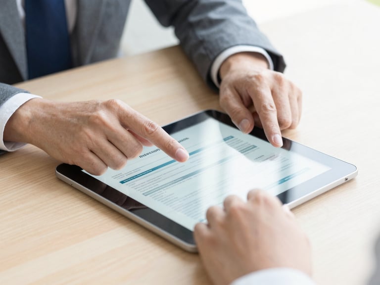 Close-up of a professional consultation, hands pointing at a tablet showing insurance documents on a wooden desk, bright natural daylight, shallow depth of field