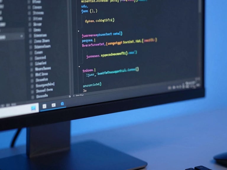 Sleek tech photography of a clean code editor on a modern monitor, cool blue studio lighting, sharp macro focus, high contrast, 35mm