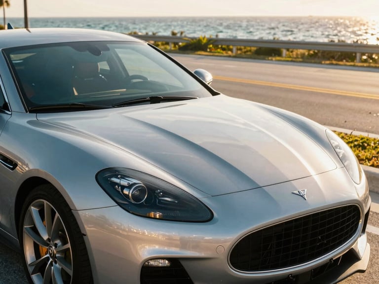 A pristine silver luxury sports car parked on a scenic coastal highway in Davie Florida, bright golden-hour sunlight reflecting off the polished metallic hood, 35mm photography