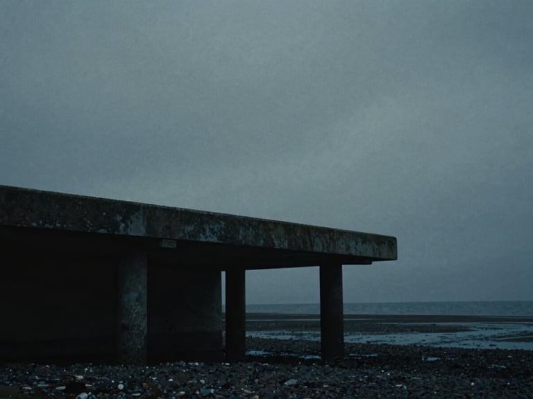 Moody cinematic film still, low-key dramatic lighting, an isolated concrete pier on the Irish coast under heavy overcast skies, desaturated cool tones, anamorphic lens, 35mm grain