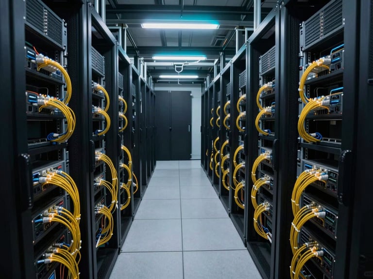 Wide overhead view of a dark server room with parallel rows of rack-mounted hardware, cold cyan overhead lighting casting sharp shadows, fiber optic cable bundles glowing at connection points, deep perspective depth, no human presence
