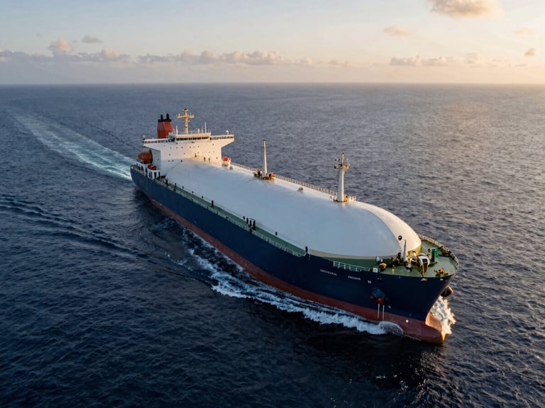 Ultra-wide aerial drone shot of a massive LNG carrier vessel navigating deep blue maritime corridors at golden hour, dramatic low-sun lighting, cinematic 21:9 composition.