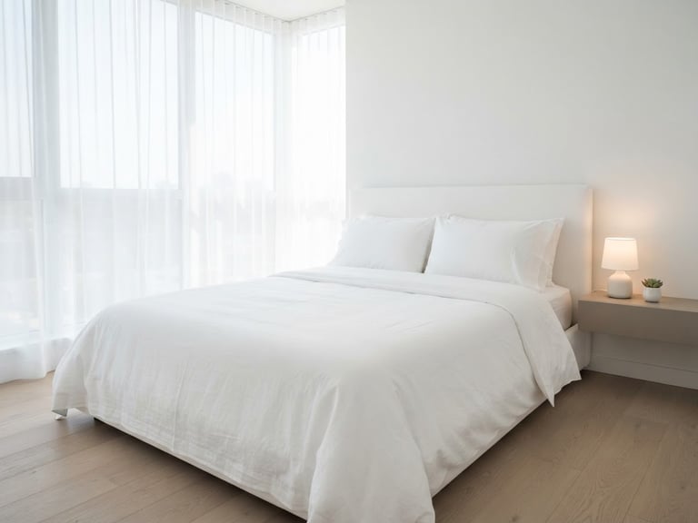 Minimalist clean bedroom with crisp white linen sheets, bright high-key natural lighting, soft shadows, clinical hygiene atmosphere