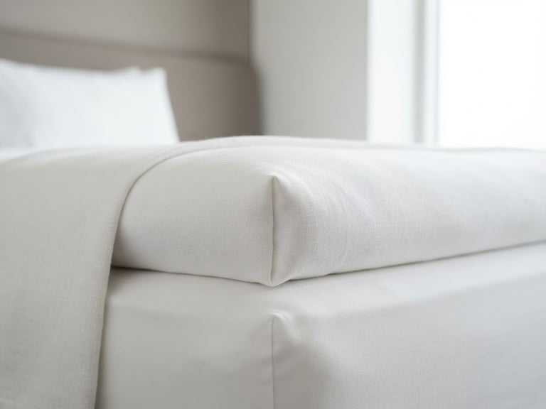 Macro shot of clean, minimalist white linen bedding, high-key natural lighting, sharp architectural angles, clinical hygiene look